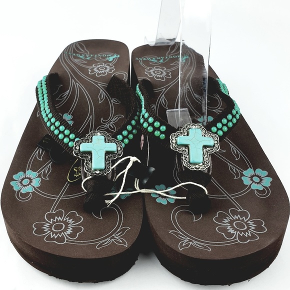Montana West Shoes - Montana West Brown & Turquoise Cross Flip Flops